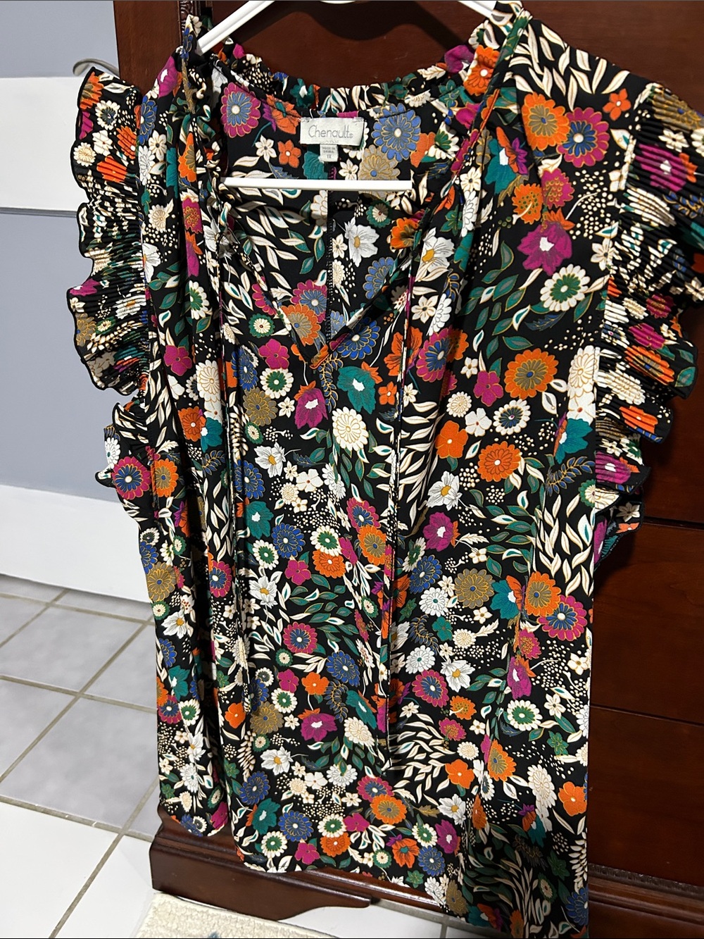 Chenault Black Floral Ruffle-Sleeve Casual top with Multicolor Blooms